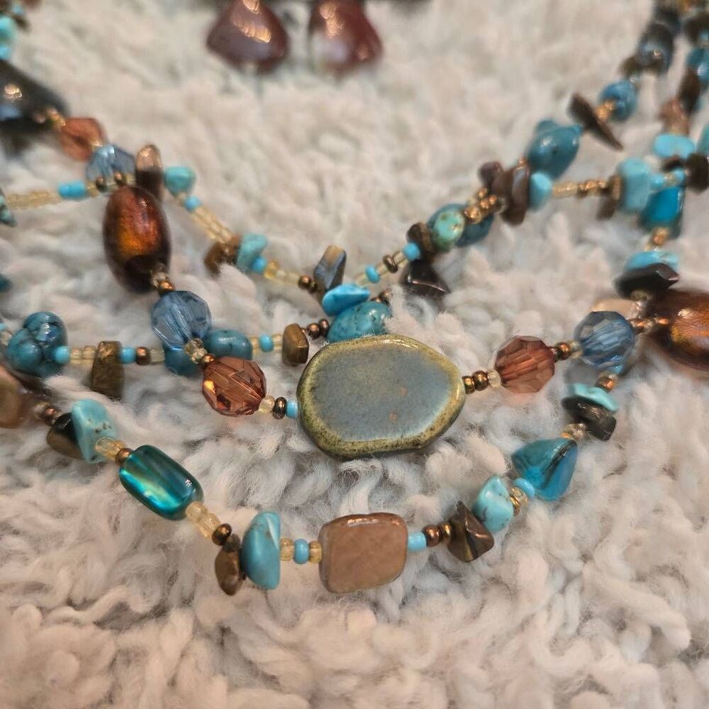 NEW Turquoise Bead 4 Strand Necklace & Earrings Set - Picture 2 of 8